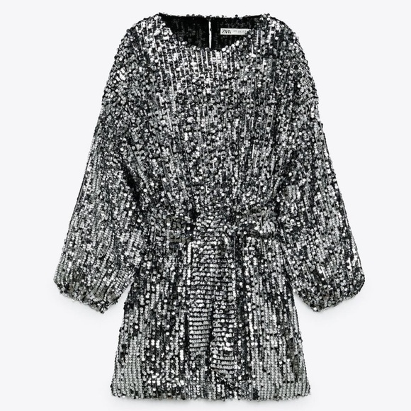 Zara Sequin long sleeve belted Mini Dress Silver size small Bloggers favorite - Picture 1 of 15